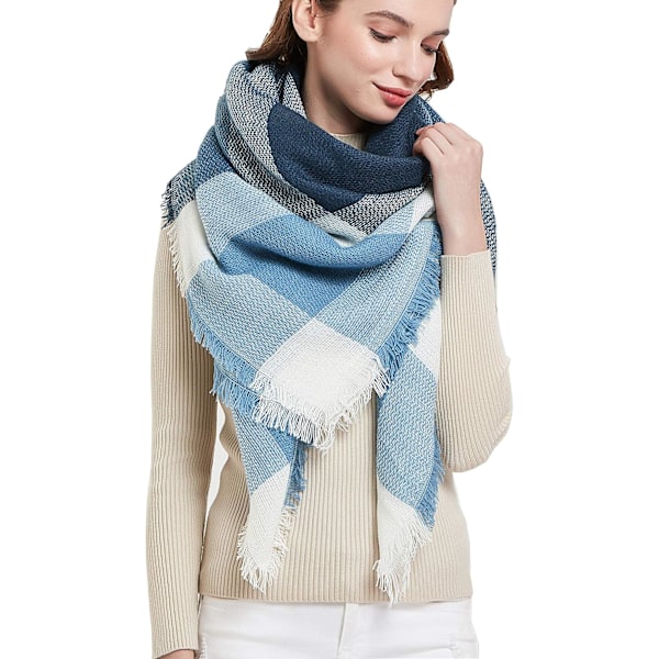 Blå Marine Cyan Kvinders Varmt Tæppe Sjal Kvadratisk Vinter Sjal Store Infinity Sjal Stribet Plaid Sjal