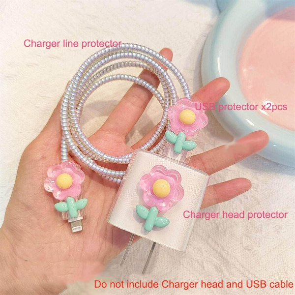 (Blomster Pink) 5 i 1 DIY 18W 20W Hjerteform Beskytter Datakabel USB Opladerledning Høretelefon Ledningsbeskytter Organizer Kompatibel med iPhone 11 12 13 14 15