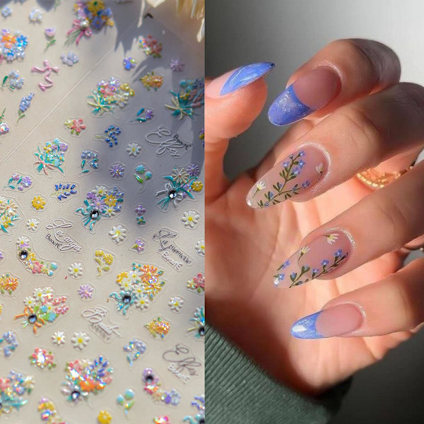Blomster Nagelstickers för Nagelkonst - 5D Präglade Blomster Nagelkonst Stickers Sommar Blommig Blad Tusensköna Nageldekaler Självhäftande Blommor Nageltillbehör för W
