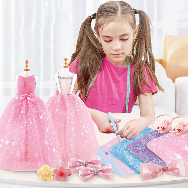 (Rosa) Barn låtsas lek kläder DIY set kreativ tjej familj leksak mode hus leksak kläder design H