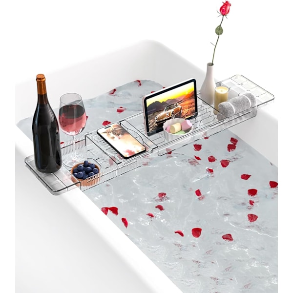 Akryl Badekarbrett, Utvidbart Badekar Caddy, Badekarhylle Holder Ipad, Telefon, Glass, Lys, Badekarbrett, Transparent