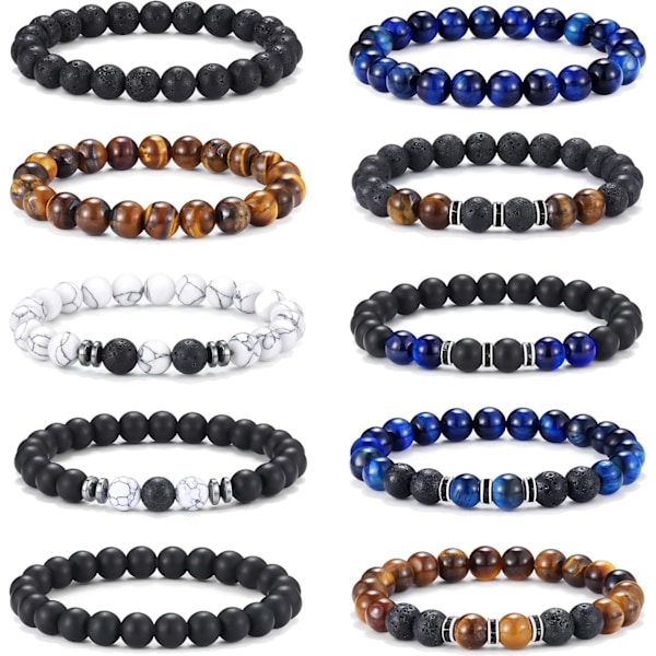 10 st Tigeröga Armband för Män 8MM Naturliga Stenpärlor Armband Set Stretch Lava Sten Armband Justerbar Svart Kristall