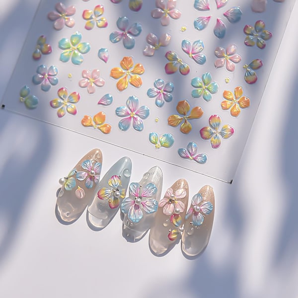 Blomster Nagelstickers för Nagelkonst, 5D Präglade Nageldekaler Sommar Blommor Nagelmaterial Självhäftande Nageldesign Stickers Färgglada Blommor Nagelkonst