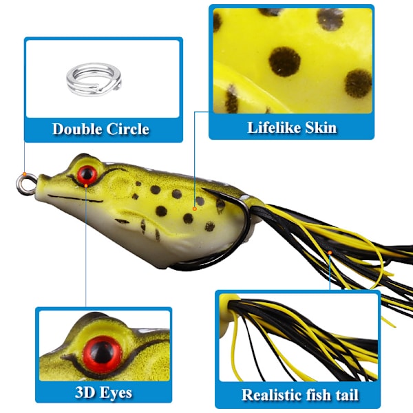 （6 stk, 5,5 cm）Ray Frog Topwater Crank Frog Lure, Myk 3D Øye Fishin