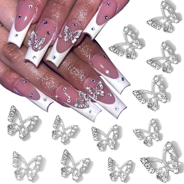 12 st 3D Legering Fjärils Nagelkonst Charm Silver Fjärilar Nageldekoration Med Ädelstenar och Strass för Nagelkristaller