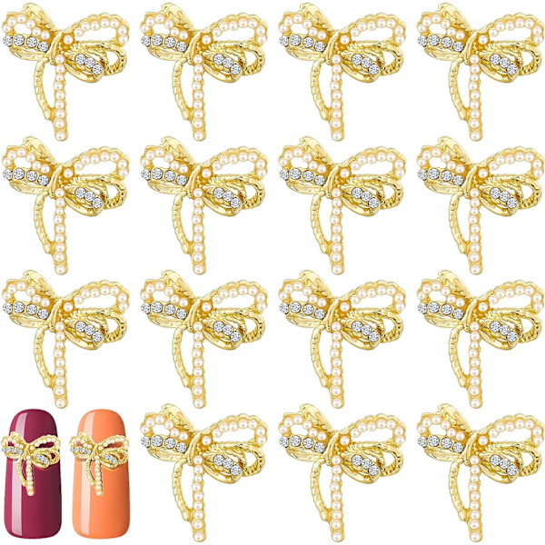 20 st Bågar Nagelkonst Dekoration, 3D Båge Nagel Strass och Pärla Charm Guld Kristallkonst Tillbehör för Kvinnor Flickor DIY