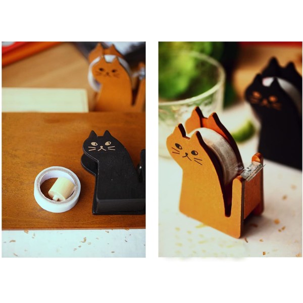 Cute Cat Shape Wooden Tape Dispenser with 1 Roll Tape for Home Of