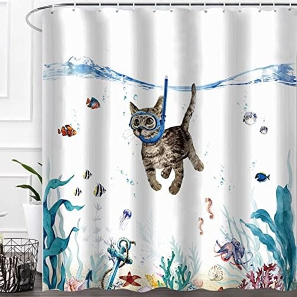 Söt Katt Dykning Duschdraperi 180x180cm Havs Djur Tryck Vattentät Badgardin Tvättad Polyester Badrumstillbehör
