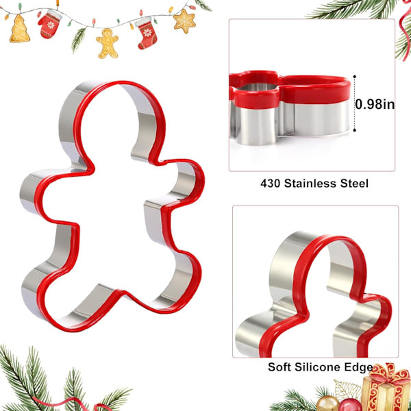 Pepparkaksgubbe Kakformar 3-pack, Rostfritt Stål Julkakformar med Röd Miljövänlig PVC, Pepparkak