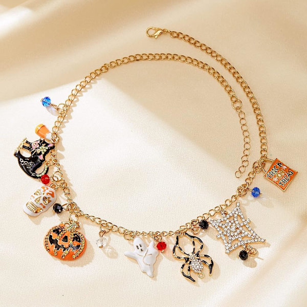 Halloween-element halskjede, Trick or Treat gresskar edderkopp spøkelse Halloween-fest chunky choker halskjede