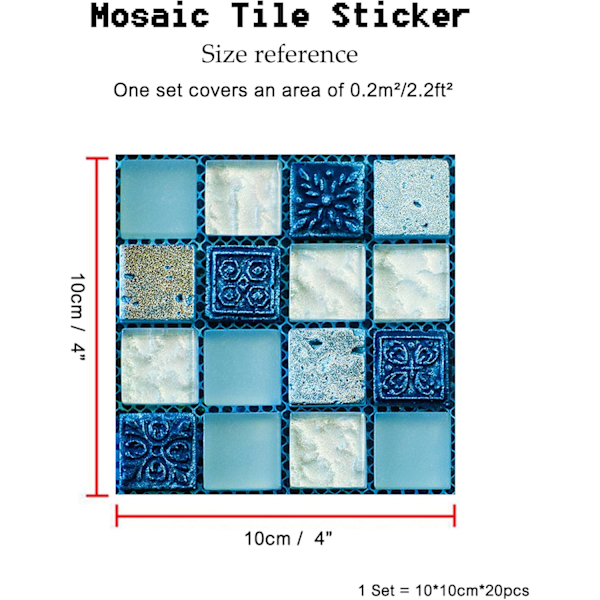 10 x 10 cm 20 st Självhäftande Kakeldekal Tapet Värmebeständig Vattentät Stänkskydd för Kök Badrum Stick Mosaic Blå