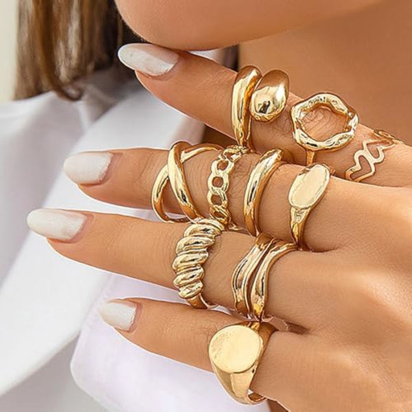 Tykke Guld Knogle Ringe Overdrevne Geometriske Kuppel Led Ring Sæt Justerbar Tåreformet Hul Statement Åbne Ringe Smykke