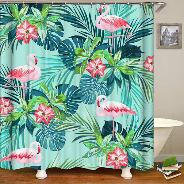 180x180cm Teal Tropisk Bruseforhæng Badeværelsesgardiner, Vandtæt Vaskbart Stof Polyester 3D Plante Digitalt Tryk Kunst Dekorationer Forhæng med