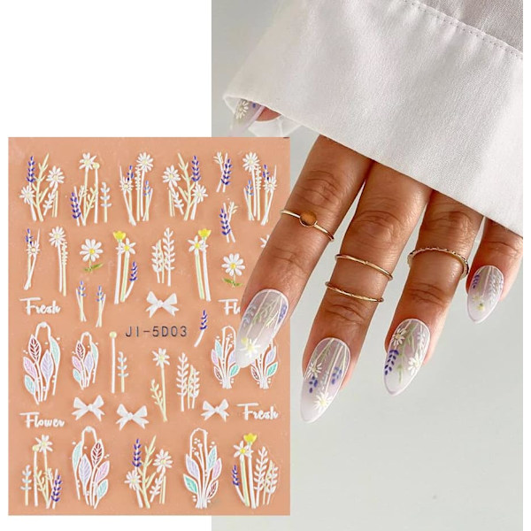 3 Ark 3D Präglade Blommor Blad Nagelkonst Dekaler 5D Självhäftande Sommar Nageltillbehör Nagelkonst Design Dekoration