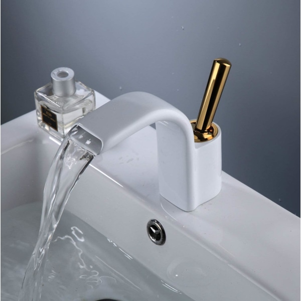 Håndvaskarmatur til badeværelse med hvid finish, guldkrom blandingsbatteri, 1 huls håndvaskarmatur, moderne blandingsbatteri Ta