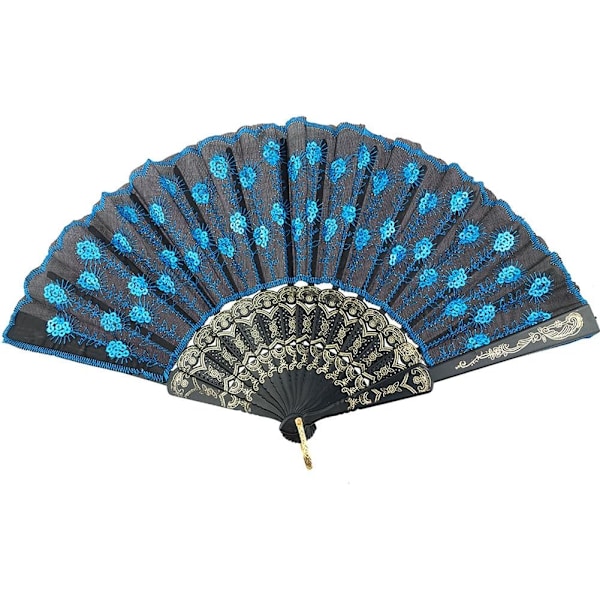 Sky Blue Elegant Colorful Embroidered Flower Peacock Pattern Sequin Fabric Folding Handheld Hand Fan Hand-crafted