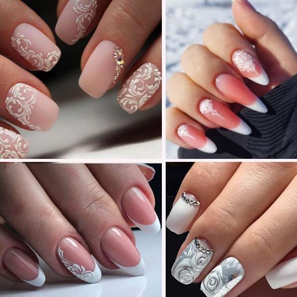 8 Ark Blommiga Nageldekaler, 5D Graverade Blommiga Nageldekaler Vita Bröllopsnagelkonsttillbehör Franska Spetsar