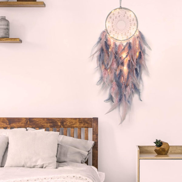 1 stk Drømmesnapper Lys Op Håndlavet Fjer Drømmesnappere Boho Væghængning til Piger Børn Soveværelse Bohemian Hjem Dec