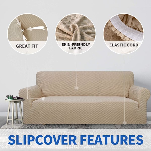 2-personers khaki super stretch jacquard sofaovertræk, skridsikkert, til
