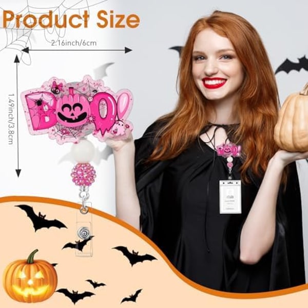 Halloween-nyckelbandsrulle - Söt Rosa Boo Pumpa ID-Korthållare med Alligatorclips och Glitterpärlor för Nu