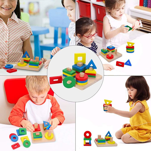 Träleksaker Form Sorter Stacking Färgsorteringsspel, Educat