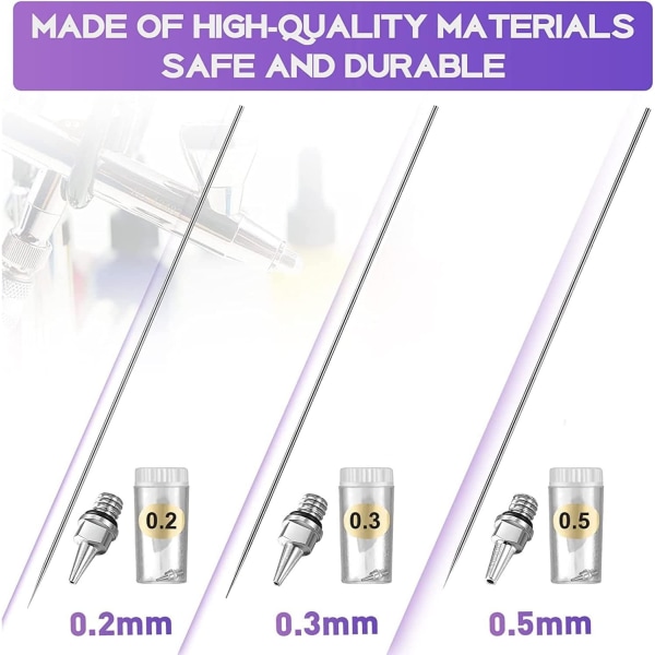 Airbrushmunstycke lock, nål och munstycke, 0,2 mm, 0,3 mm, 0,5 mm, Airbrushreservdelar, med rengöring