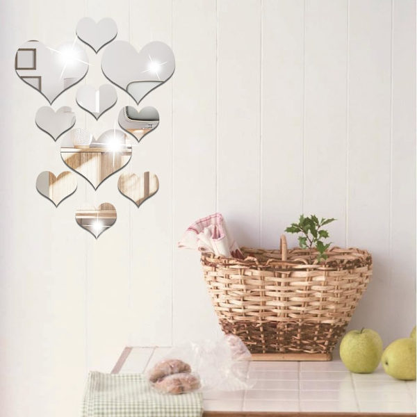 (Sølv) Spejl Vægklistermærker, 3D Krystal Kærlighed Hjerte Akryl DIY