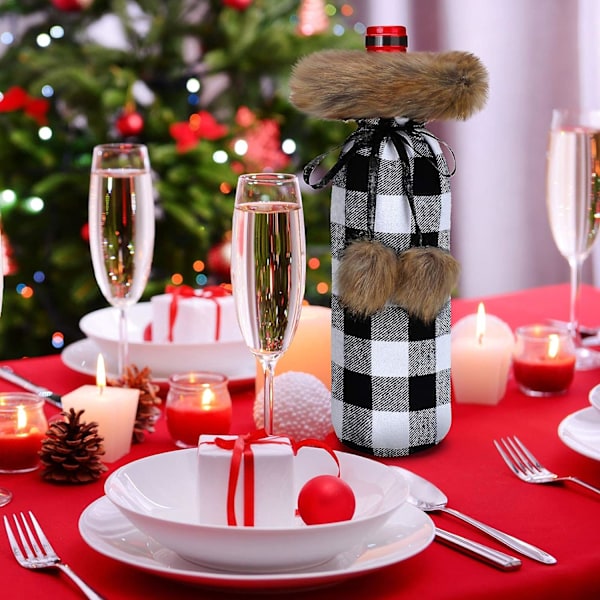 8 stk. julevinflaskeovertræk Buffalo Plaid vingaveposer juleimiterede pels sweater vin B