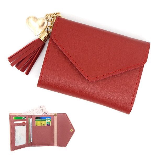 Frynse lommebok for kvinner Rød, liten sammenleggbar lær damemynt