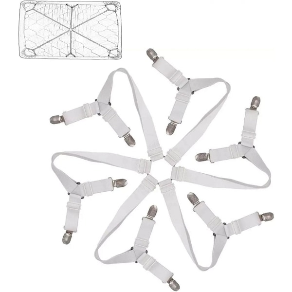 Lakanfästen hållare - Justerbara elastiska lakanhållare remmar, 6-vägs korslakan clips S White