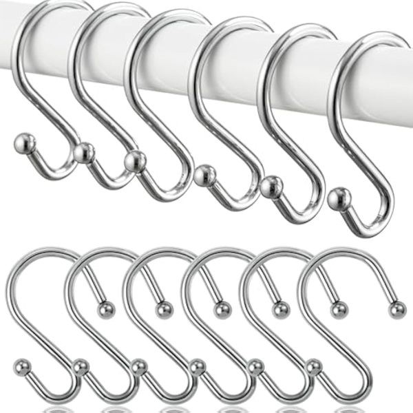 12 kpl Kromatut Suihkuverhon Koukut, Metalliset Suihkukoukut Suihkuverhon Tangolle, Ruostumattomat Metalliset Suihkuverhon Renkaat, S-Koukut