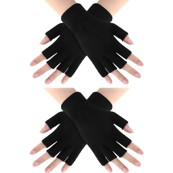 (2 par) Svarta One Size fingerlösa stickade handskar Varma halvfingerhandskar Vinterstickad körhandske