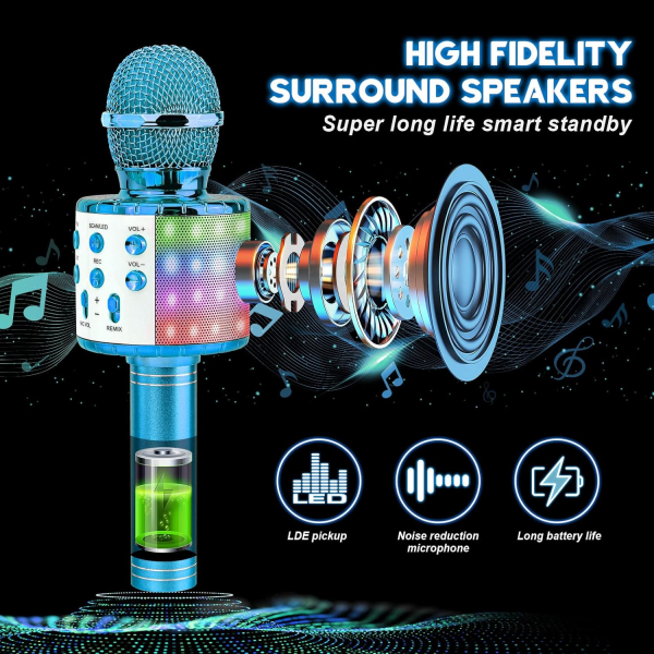 (Blå) Trådløs Karaoke Mikrofon, Bærbar Bluetooth Karaoke Mikrofon til Børn/Voksne Sang, Co
