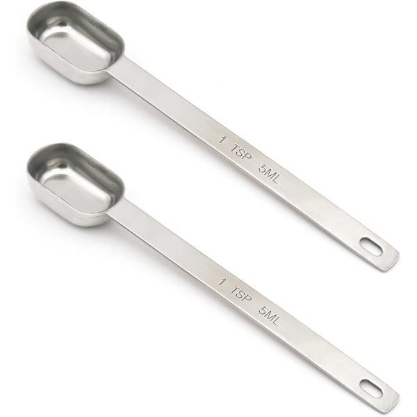 1 tesked (1 tsk | 5 ml | 5 cc) Enskild måttsked, rostfria individuella skedar, skedar med långt handtag, endast 2 st