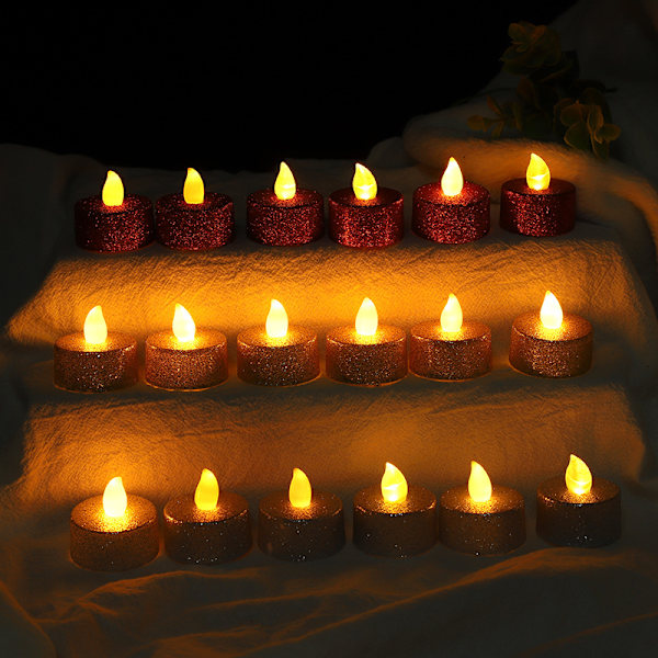 12-pack batteridrivna guld LED-värmeljus med inbyggd 6/18 timer, flimrande orange låga