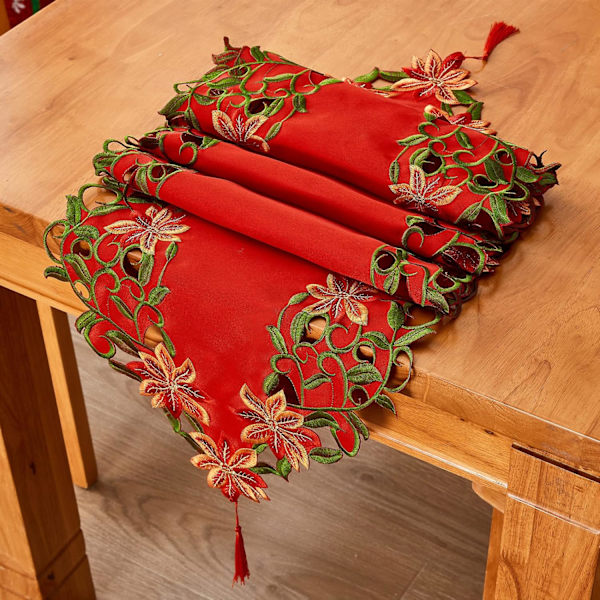 38×176×1cm Julbordstablett med Broderad Grön Lövdesign, Utsmyckad för Juldekorationer 15x69