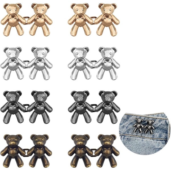 8 Par Söta Björn Jeans Knappnålar Ingen Sömnad Avtagbara Midja Kroppspassform Åtdragningsspännen Perfekta Flickpresenter för Kvinnor Kjol Byxor Jeans, Metall