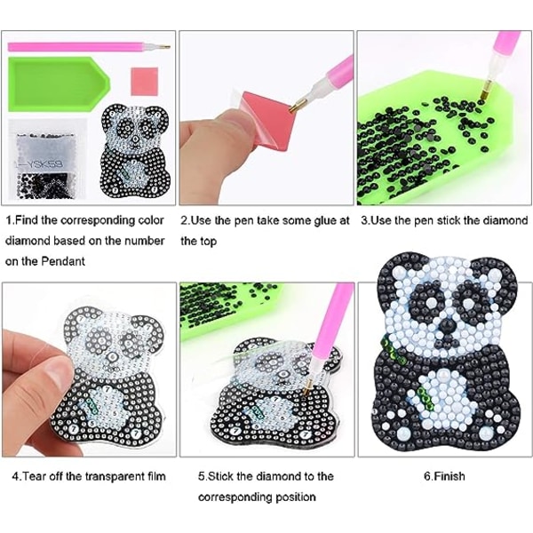 5 stykker DIY 5D Panda Diamond Painting nøgleringe, Rhinestone