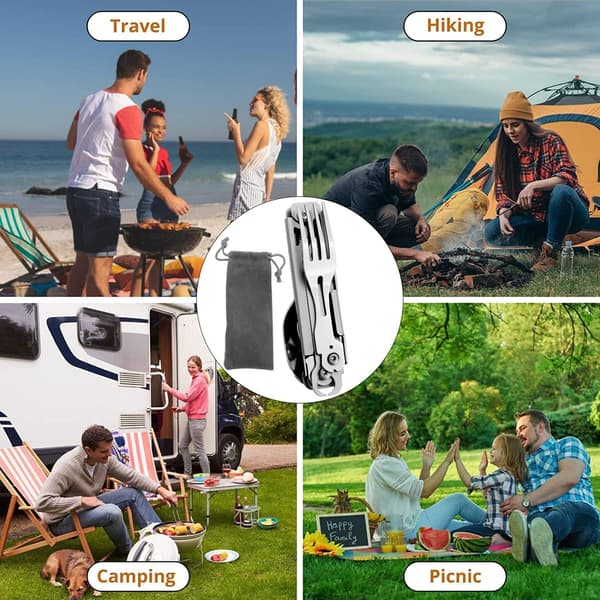 Udendørs Camping Bestiksæt, 5 i 1 Multifunktionelt Foldbart Bestiksæt, Bærbart Rustfrit Stål Bestiksæt til Rejser, med Snørepose