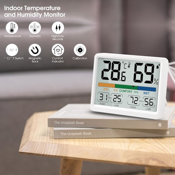 88x66x13mm, Indendørs Hygrometer Termometer - Digitalt indendørs termometer med maksimal og minimal historik
