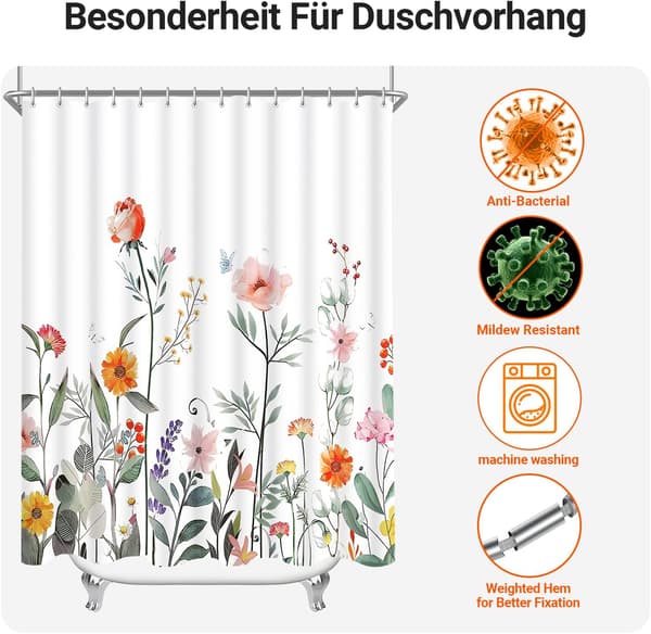 Duschdraperi 180 x 180 cm - Rött blommönster - Anti-mögel textil - Vattentätt - Tvättbart - Polyester