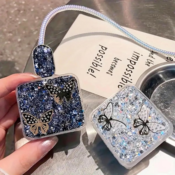 Søt Kabelbeskytter for iPhone-lader, Glitter Hvitt Mønster med Sommerfugldesign Datalinje Kabel USB-Ledningsbeskytter, Ladeledning Pro