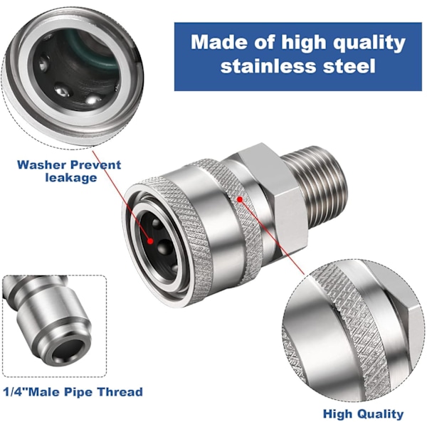 4 Stycken Högtryckstvätt Koppling, Högtryckstvätt Adapter Set, 1/4 NPT Tum Hane Hona Adapter, Rostfritt Stål, för 5000 Psi Sprutlans (Silver)
