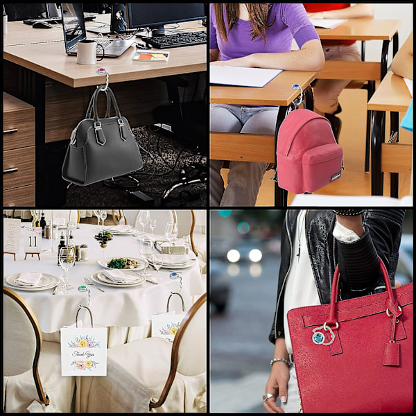 Förpackning med 6 Portabla Handväskekrokar - Silverfärgade Vikbara Väskkrokar - Vikbar Handväskehållare i Metall för Bord, Restaurang, Kontor, Barer & Kaféer - Gåva till Gi