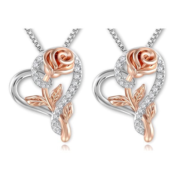 2 Silver hjärta och ros hänge halsband för kvinnor Rose/Vit Gol