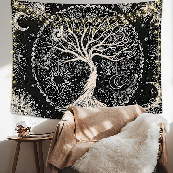 MH-(150x200cm) Elämänpuu Kuu ja Aurinko seinävaate Musta seinävaate