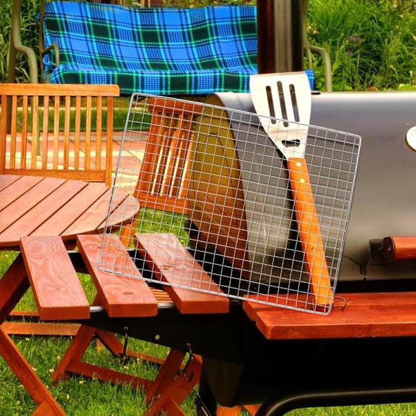 Rektangulær 36,5x26,5 cm metallrist for utendørs grilling, multifunksjonelt kraftig netting, stativ