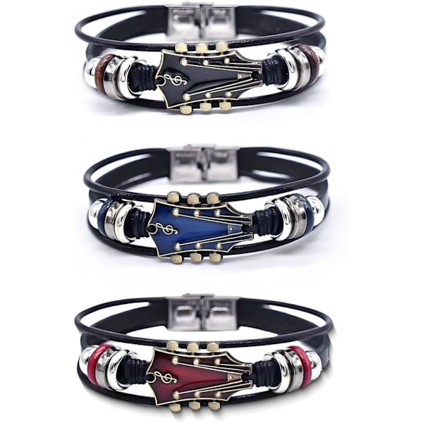 3 Set Retro Gitarr Läderarmband För Män Handgjorda Flätade Zinklegering Rockmusik Multi-Lager Wrap Armband Unika Punkstil Gåvor Smycken