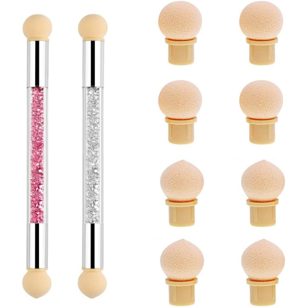 Sett Dobbelthodet Svampbørste, Neglekunst Svampbørste Svampbørste Neglebørste Gradient Refill Neglesvamp for DIY med 8 Svamphode Erstatning (Sølv)
