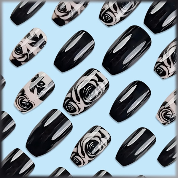 Rose Blomst Tryk-på Negle til DIY Manicure 24 stk. Glossy Sort Rose Akryl Medium Kiste Falske Negle Gel Lim-på Negle Sort Blomst Falske Negle Stick
